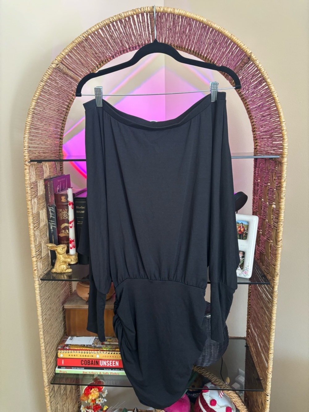 Black Off-Shoulder Ruched Long Sleeve Dress